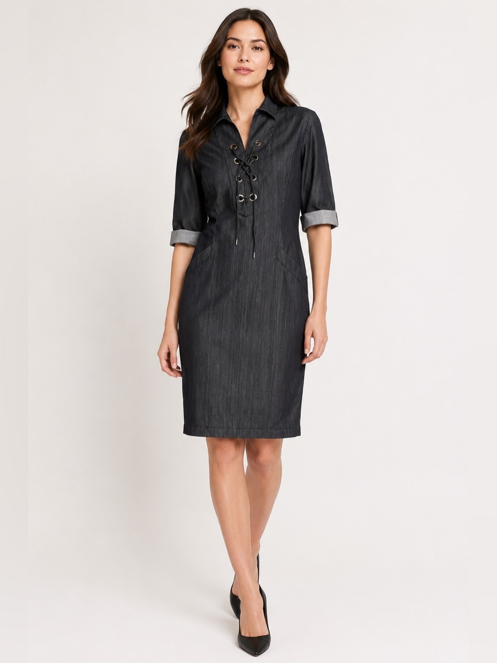 Lafayette 148 New York Nissa Dark Chambray Lace-Up Denim Dress 14P